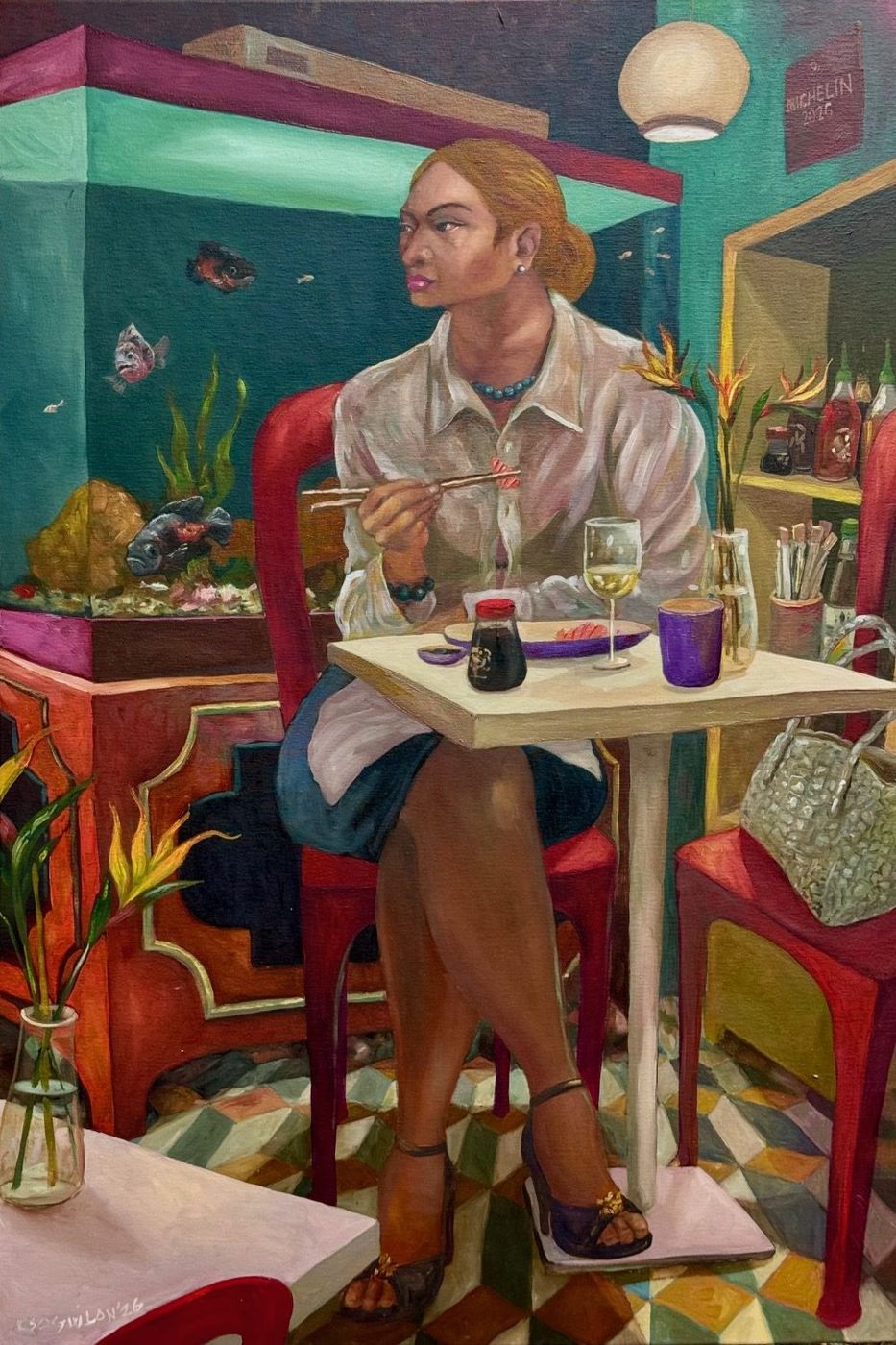Oil painting of a woman eating with chopsticks at a small table beside a large aquarium in a restaurant – Kris Soguilon