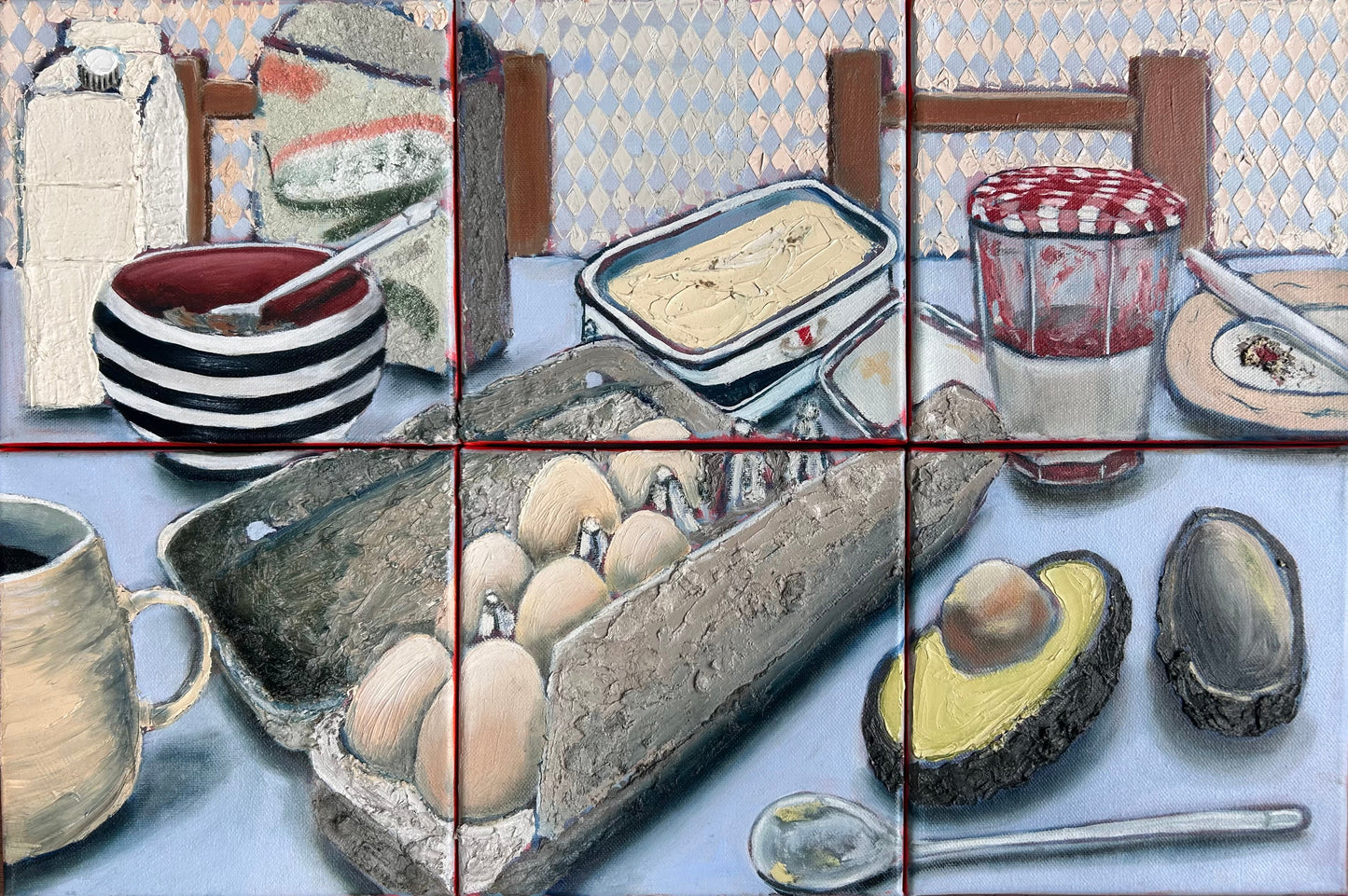 Mundane Breakfast by Clare Trsic — oil/mixed media (egg carton, filler, sawdust) (40.5 × 60.8 cm)