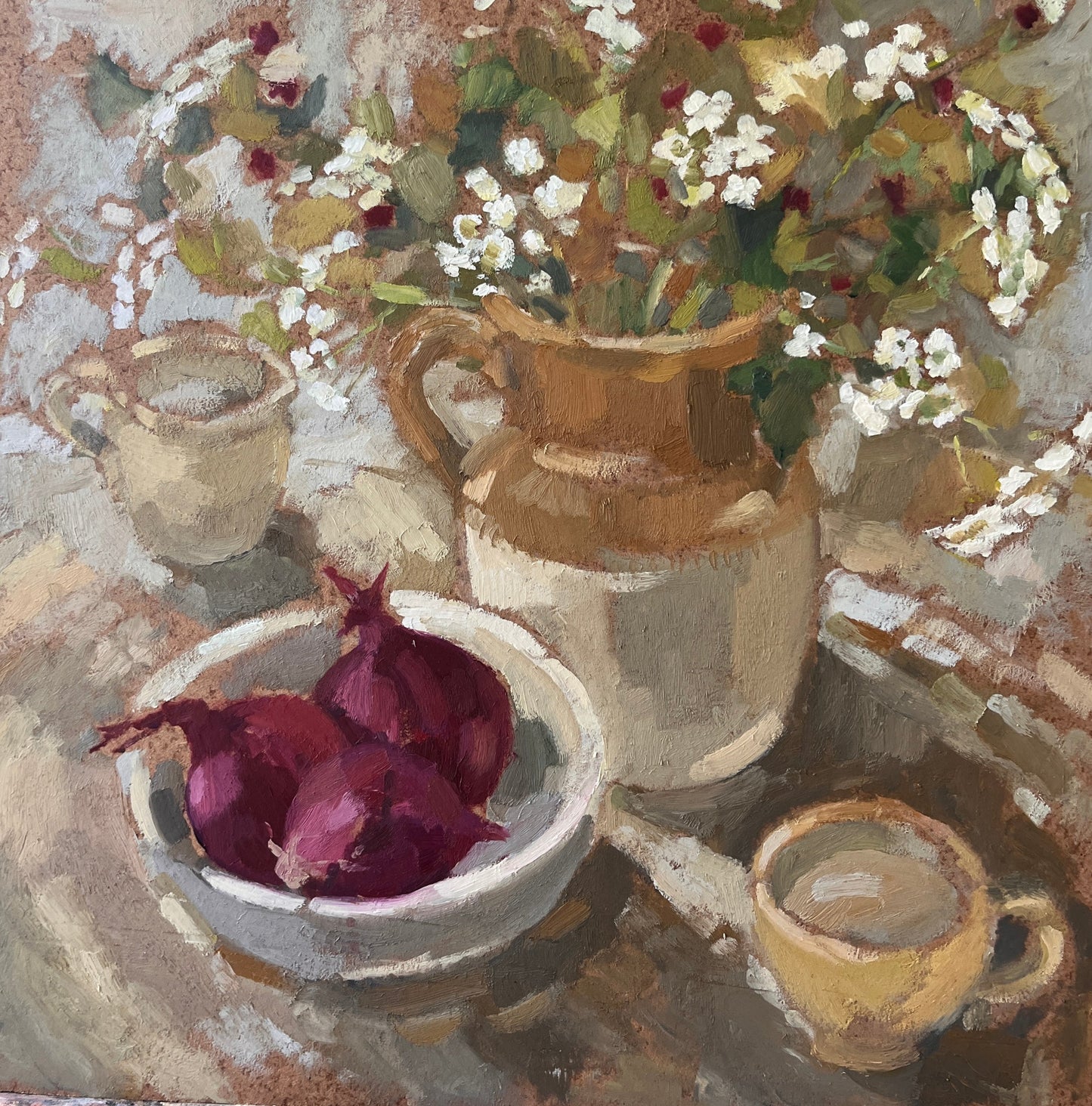 Kitchen Table, Spring by Catherine Binnie — oil on board (29 × 29 cm)