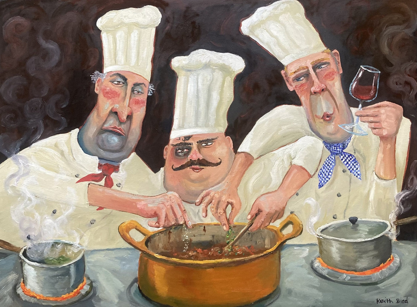 Too Many Cooks by Keith Bird — three chefs around one pot, oil on canvas