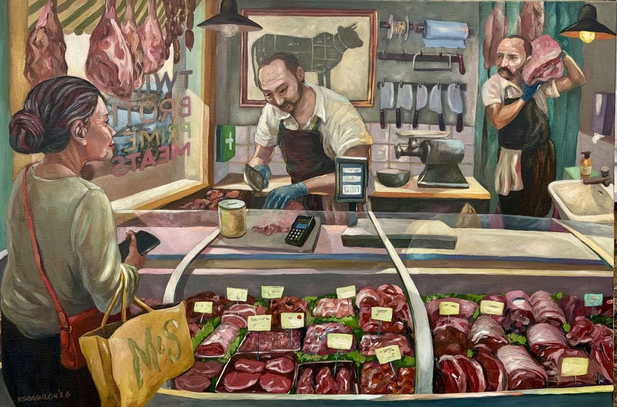 Oil painting of a woman at a butcher's counter while one butcher cuts meat and another carries a joint – Kris Soguilon