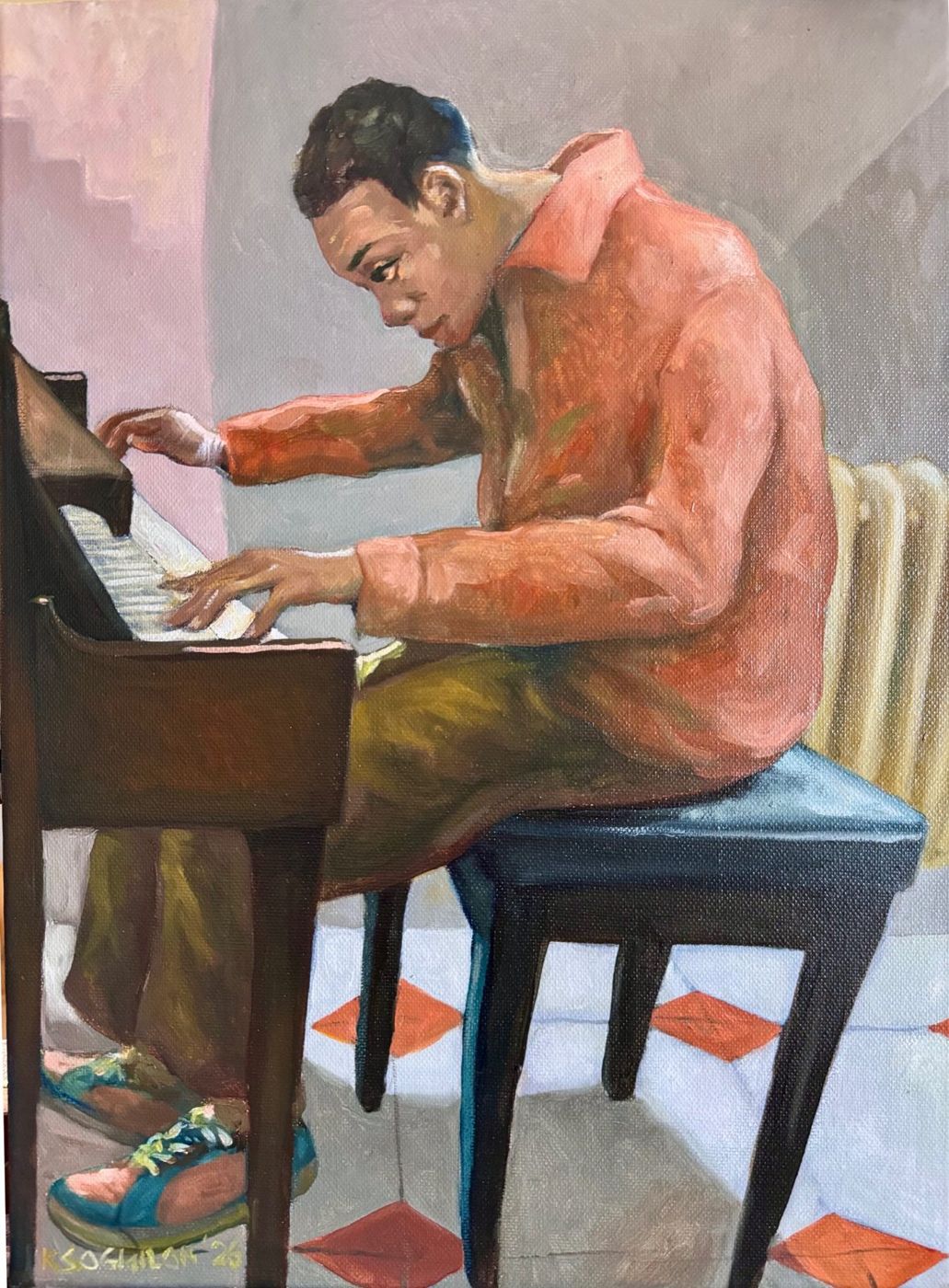 Oil painting of a young man in a coral jacket playing an upright piano, seen from the side – Kris Soguilon