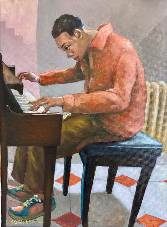 Oil painting of a young man in a coral jacket playing an upright piano, seen from the side – Kris Soguilon