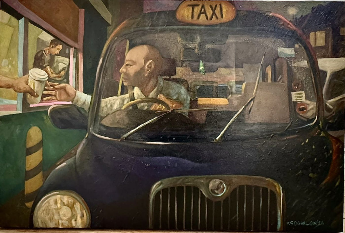 Oil painting of a London taxi driver at a drive-through window at night, reaching for a coffee cup – Kris Soguilon