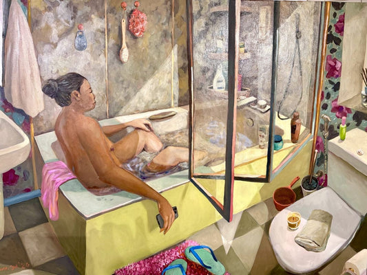 Oil painting of a woman relaxing in a bath in a green-tiled bathroom, holding a phone, with flip-flops on a pink rug – Kris Soguilon