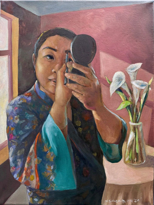 Oil painting of a woman in a floral jacket shaping her eyebrow in a hand mirror, with white arum lilies on a table – Kris Soguilon