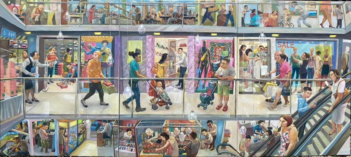 Oil painting of a busy three-storey shopping mall with shoppers, shop fronts and escalators – Kris Soguilon