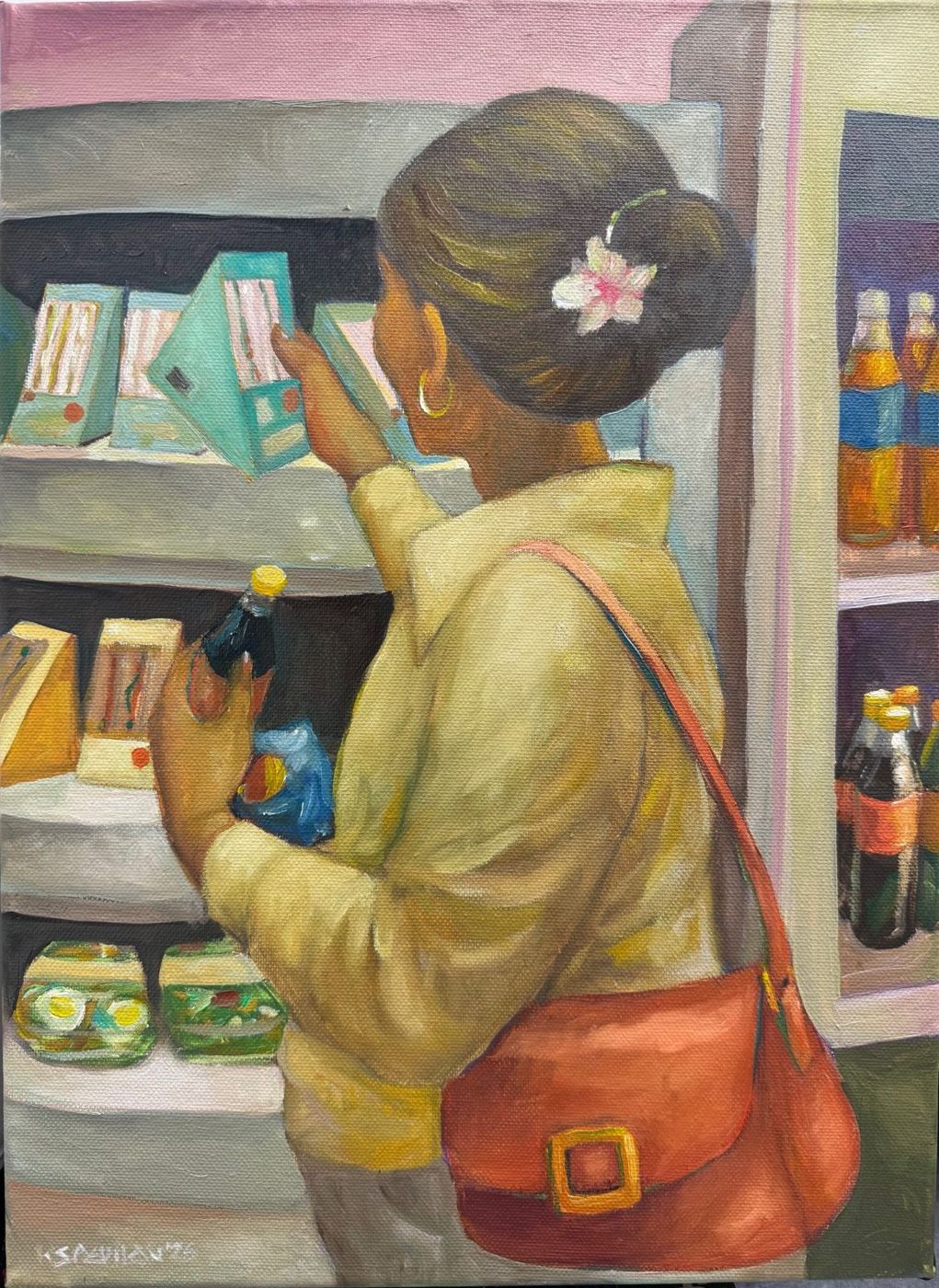 Oil painting of a woman with a flower in her hair choosing a sandwich from a shop chiller, holding a drink and crisps – Kris Soguilon