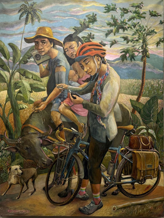 Oil painting of a young doctor with a bicycle listening with a stethoscope to a baby held by a family riding a water buffalo, rice fields behind – Kris Soguilon