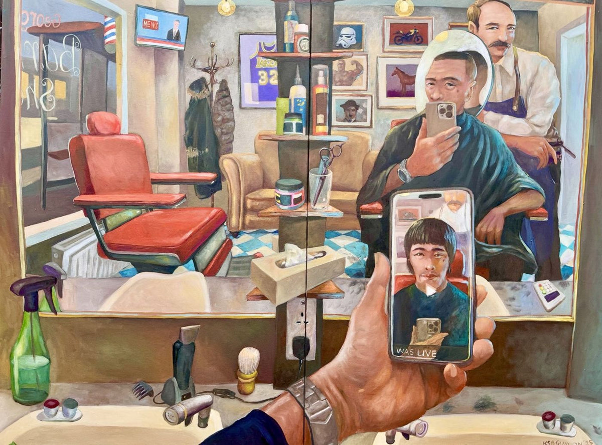 Oil painting of a barber's shop reflected in a mirror, a man filming himself mid-haircut and a hand holding a phone in the foreground – Kris Soguilon