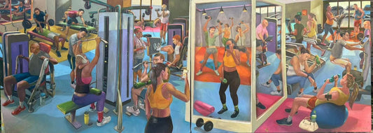 Oil painting of a crowded gym with people on weight machines, treadmills and an exercise ball, and a woman photographing herself in a mirror – Kris Soguilon