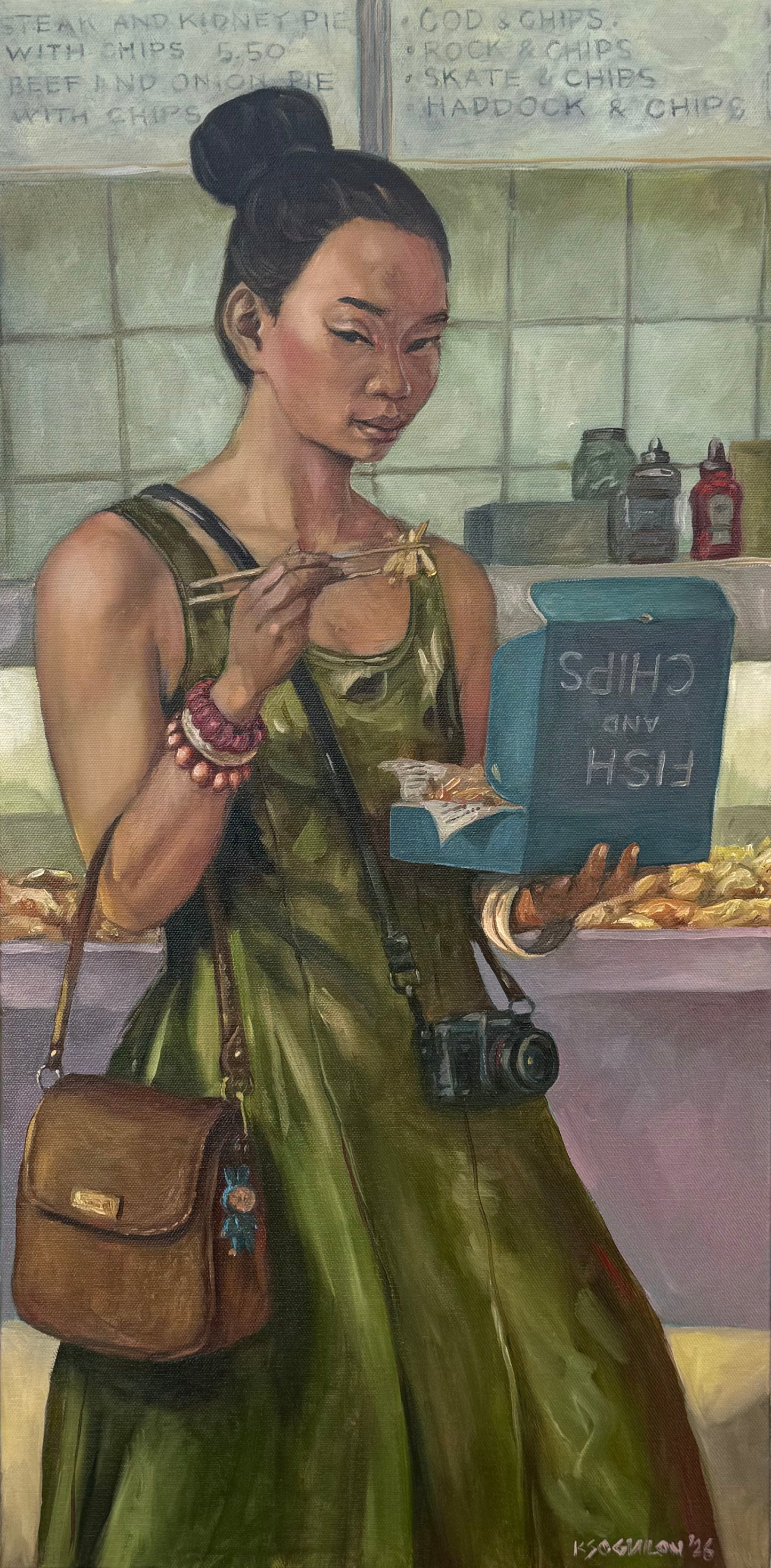 Fish, chips and chopsticks by Kris Soguilon — Oil on canvas