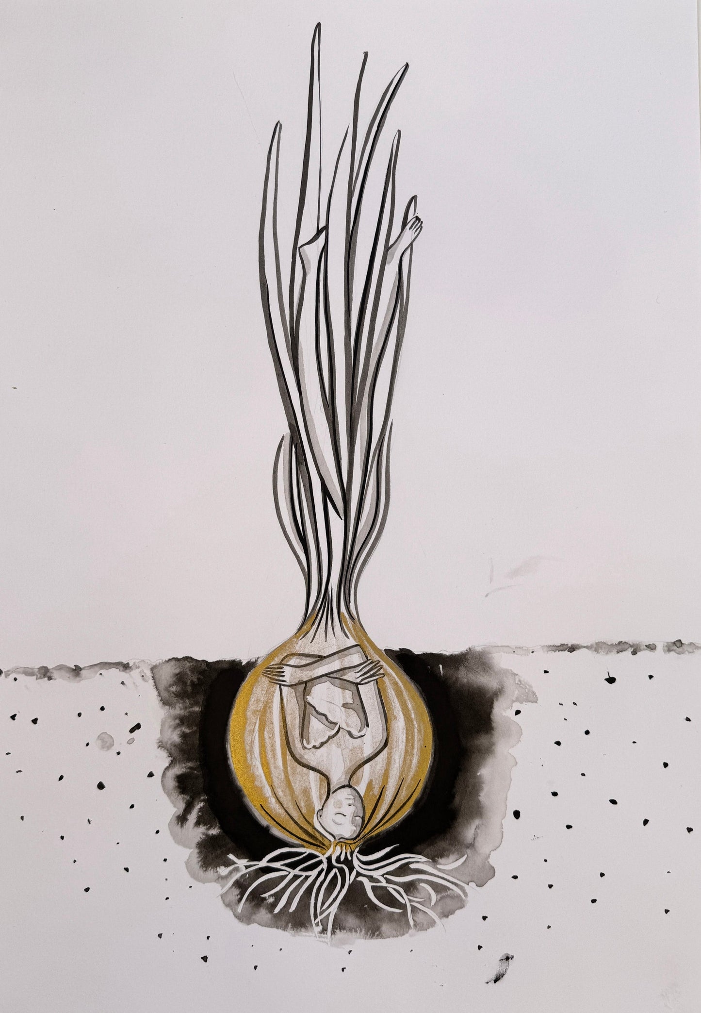 Persephone by Maria Borysova — Indian black ink and golden ink on paper