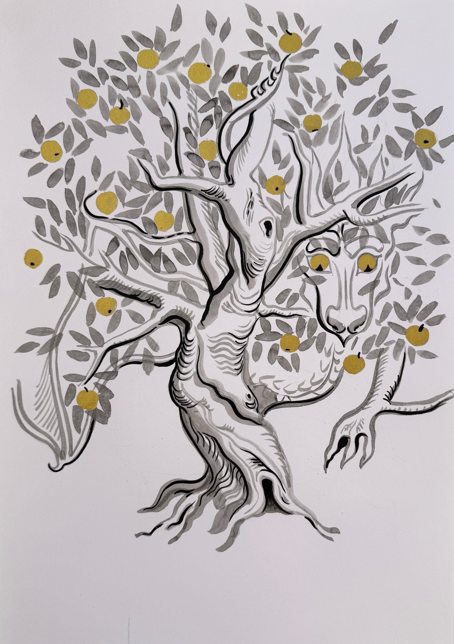 Garden of the Hesperides by Maria Borysova — Indian black ink and golden ink on paper