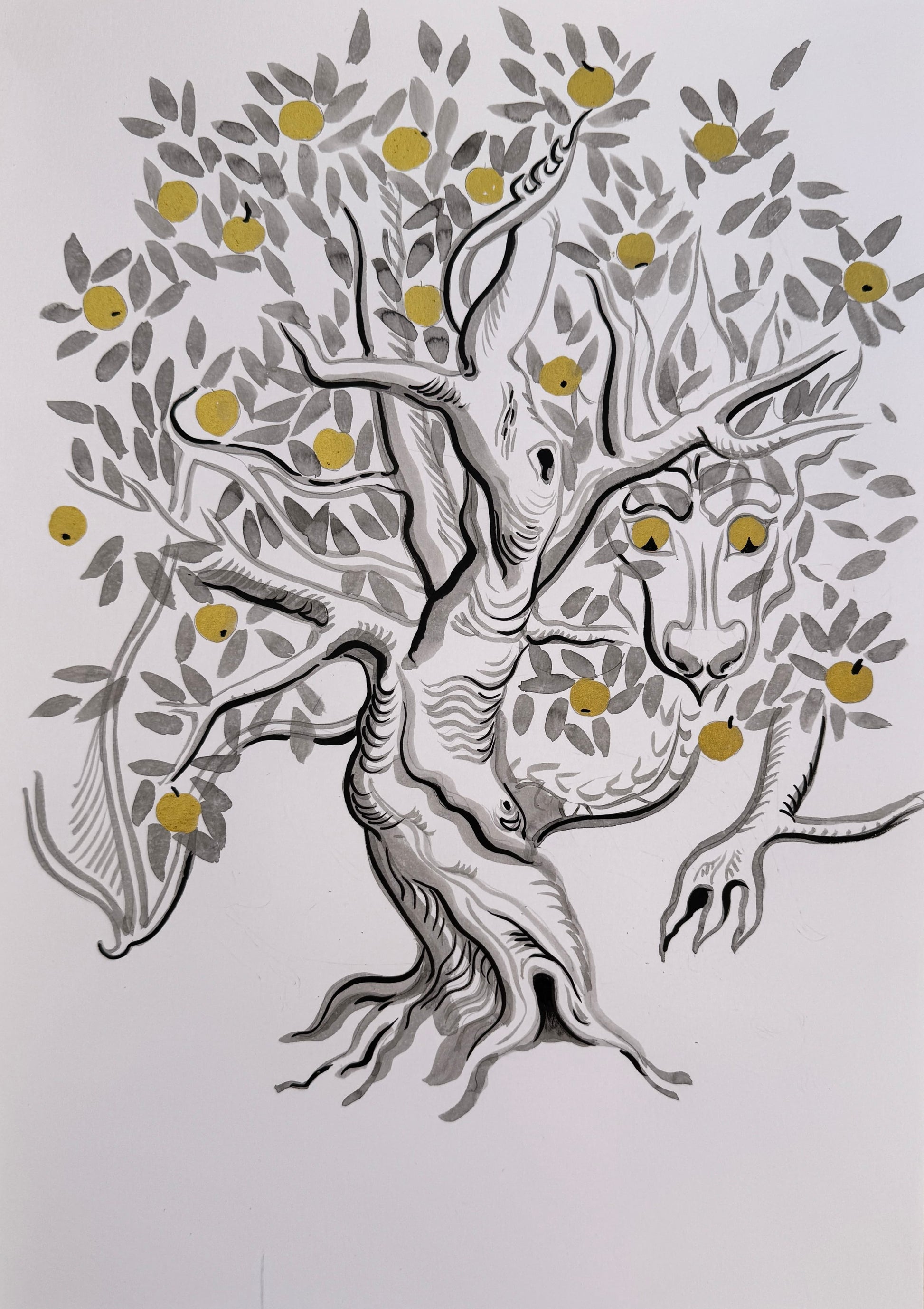 Garden of the Hesperides by Maria Borysova — Indian black ink and golden ink on paper