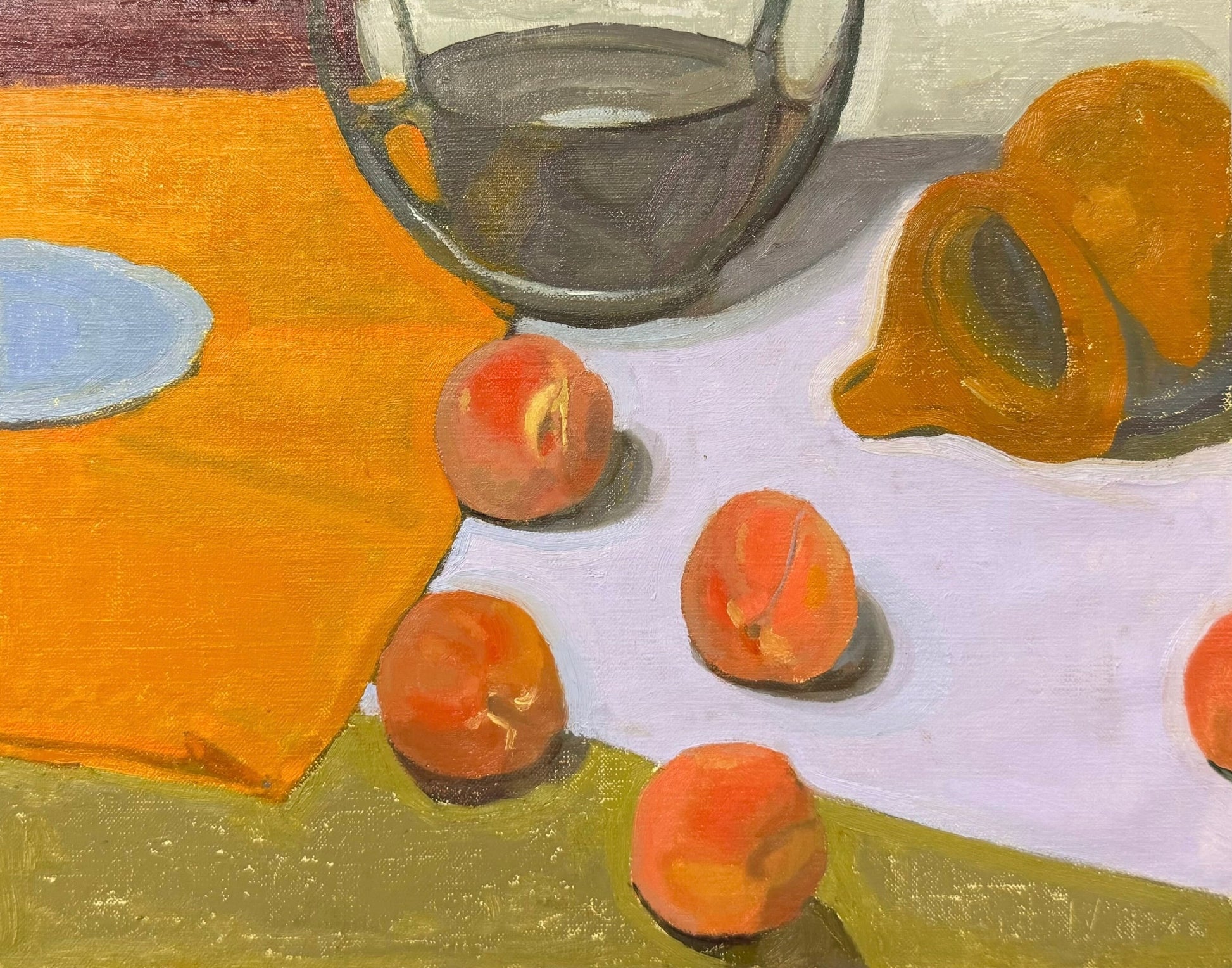 Italian Peaches No.1 by Rachel Hertz — oil on linen on board (28 × 36 cm)