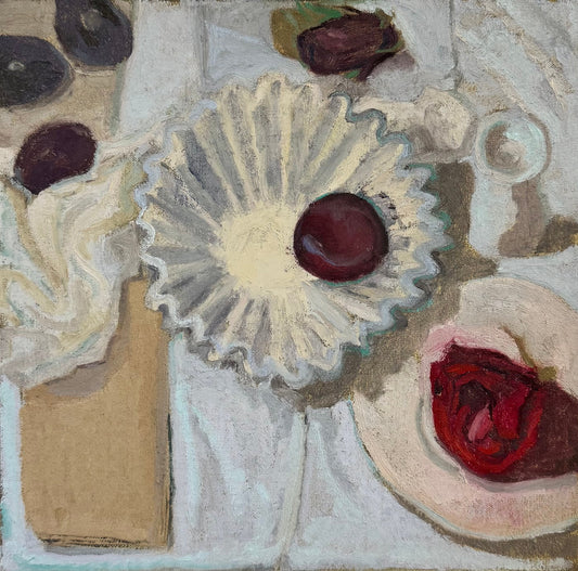 Three Stages of Red by Rachel Hertz — oil on linen (30 × 30 cm)