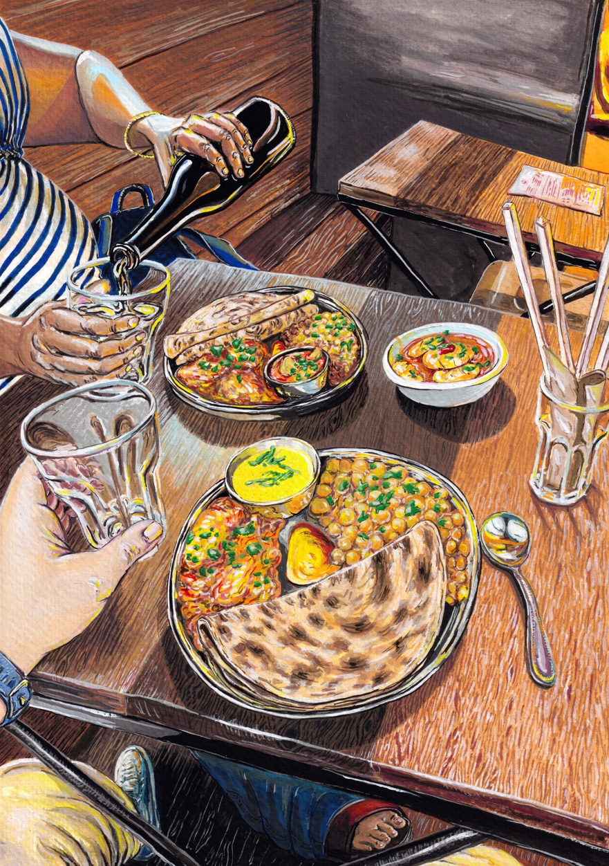 Catching up over Paratha Thali by Lina Noueiri — gouache on paper (21 × 30 cm)