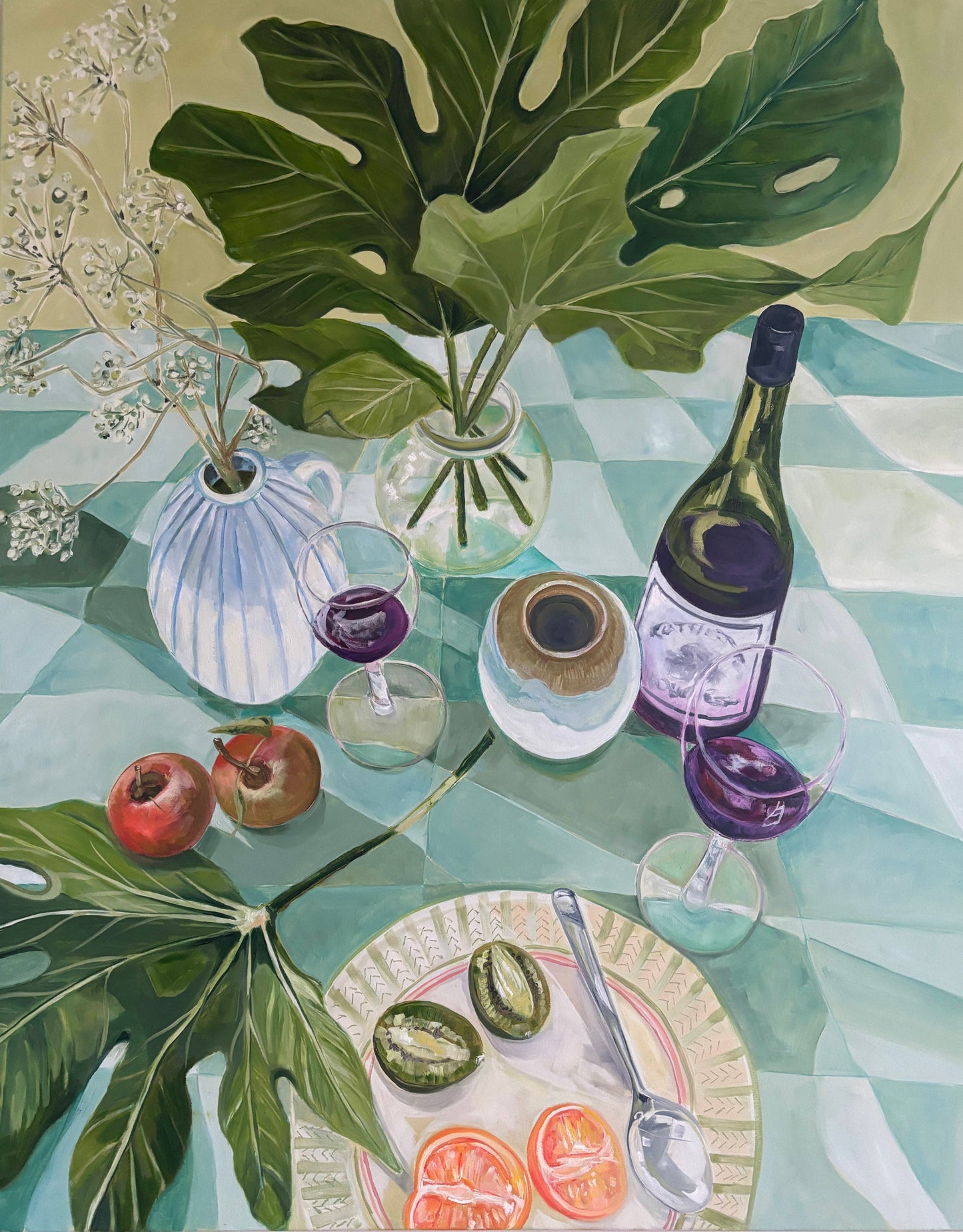 Still life in soft green by Mairèad Robb — oil on canvas board (81 × 102 cm)
