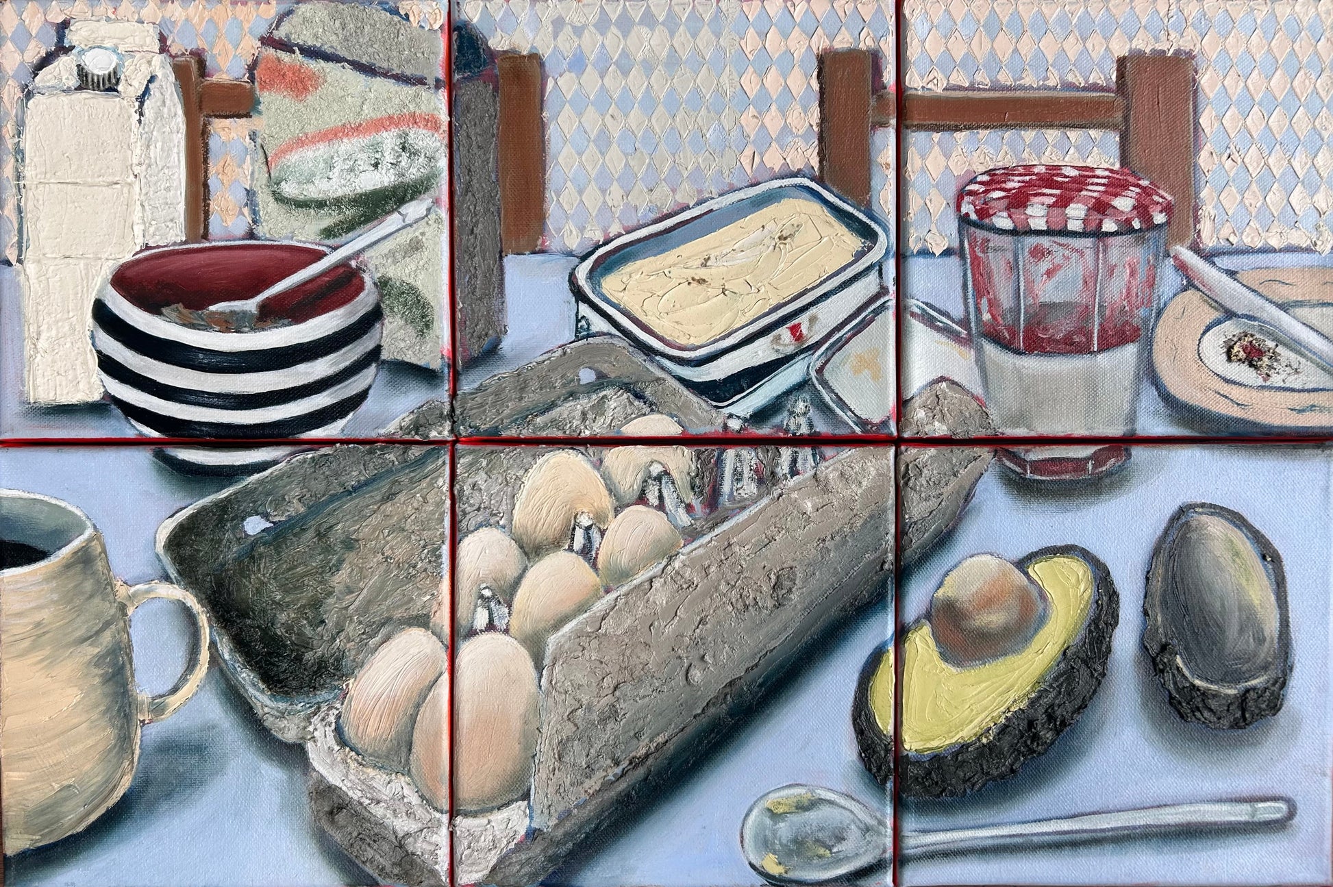 Mundane Breakfast by Clare Trsic — oil/mixed media (egg carton, filler,  sawdust) (40.5 × 60.8 cm)
