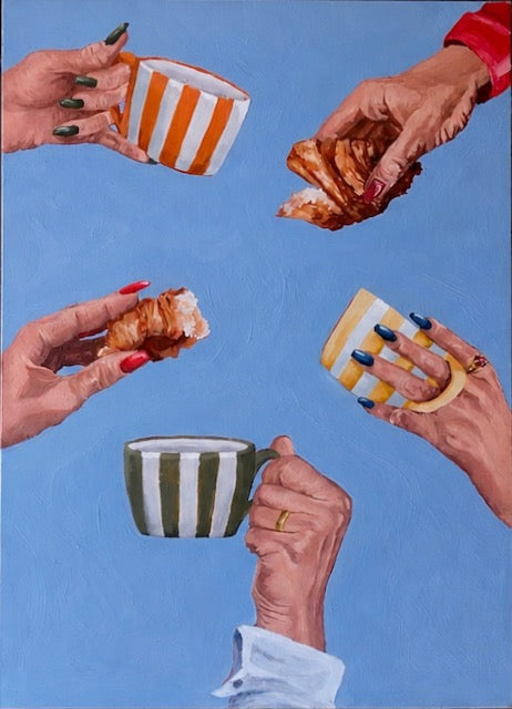 Coffee, Crossiants & Confessions by Eugena Lowry — oil on canvas board (61 × 46 cm)