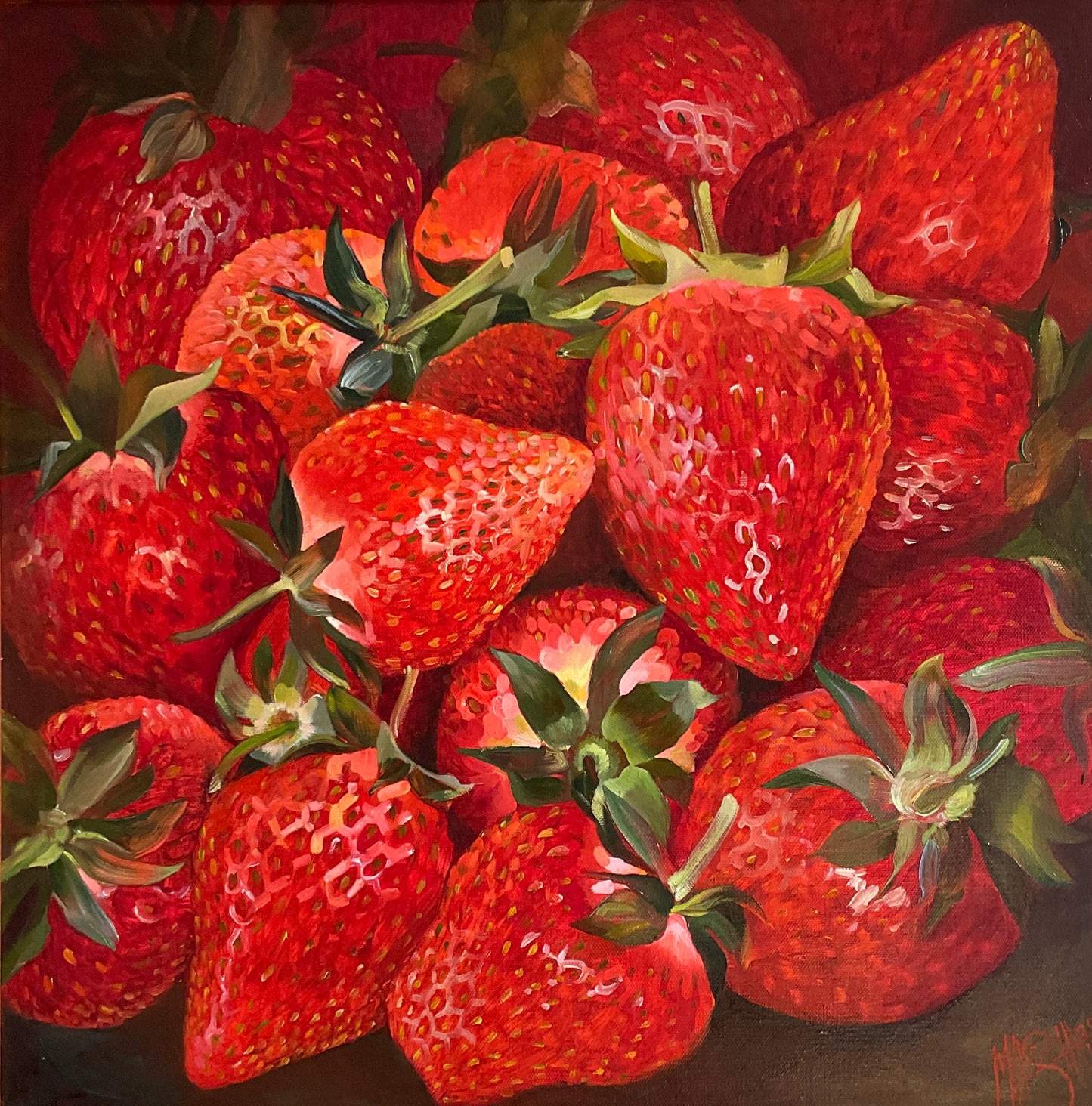 Strawberry Kiss by Mary Swift — oil on canvas (50 × 50 cm)