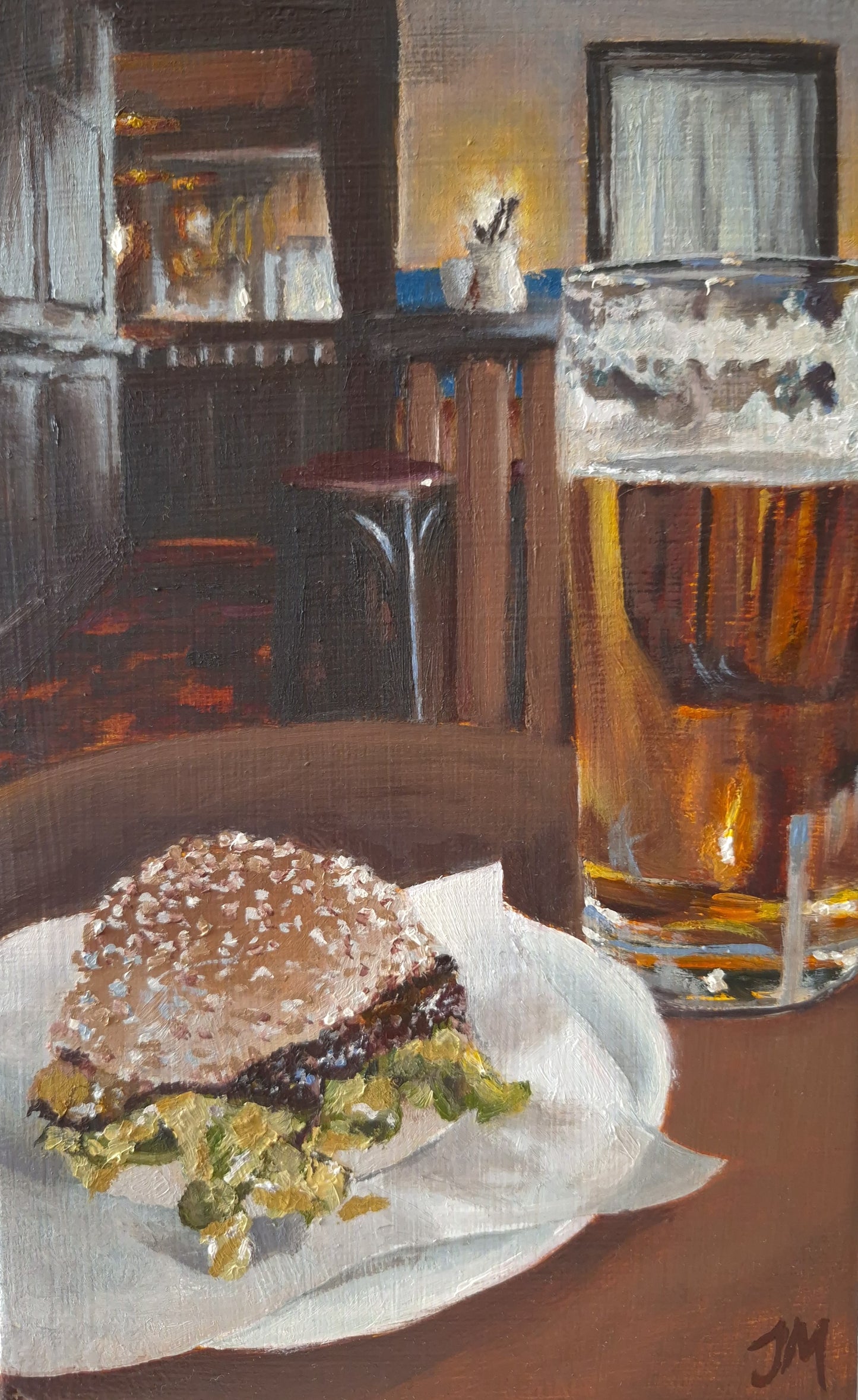 Burger and pint by Julie Murray — oil on board (23 × 14 cm)