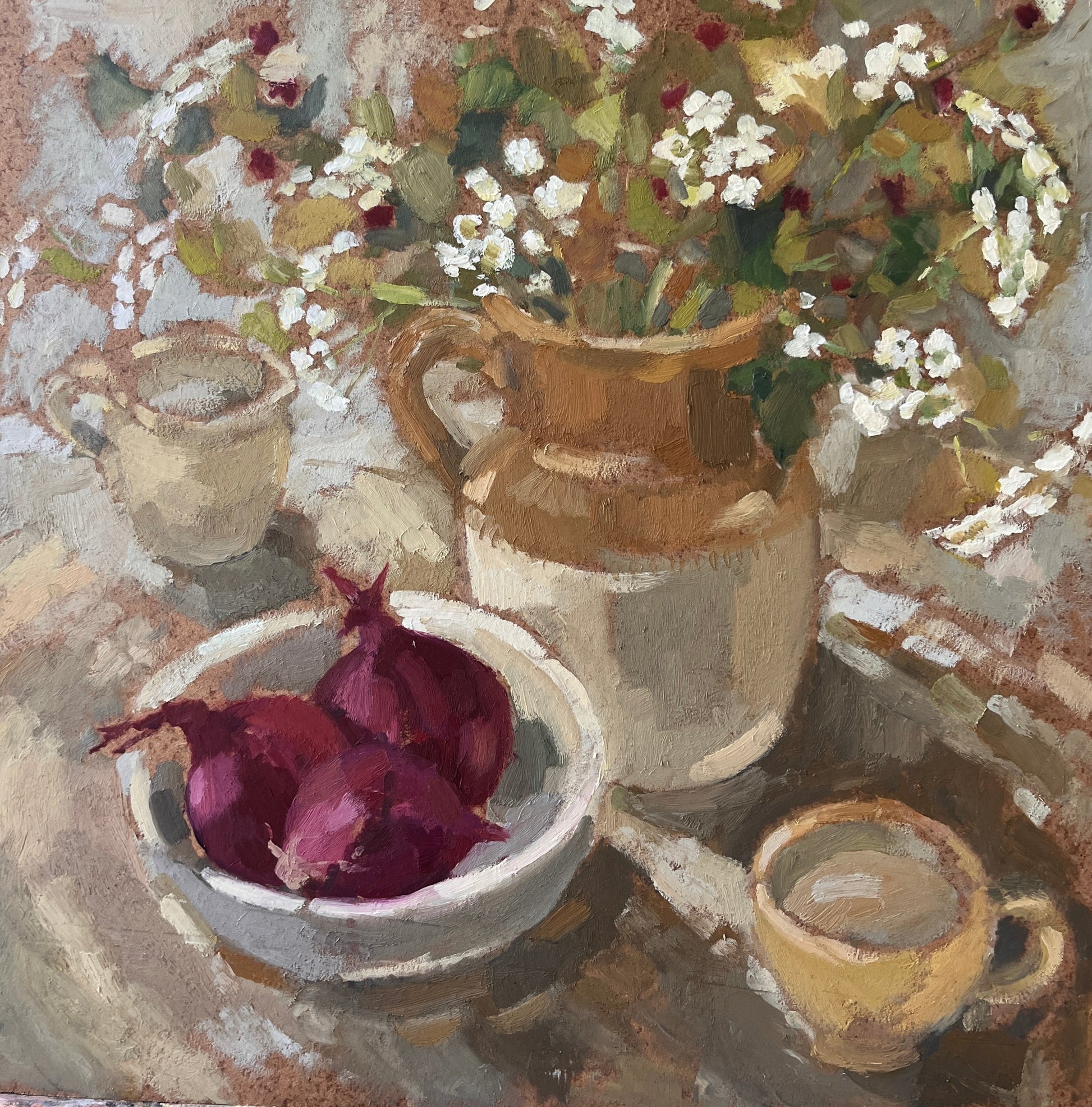 Kitchen Table, Spring by Catherine Binnie — oil on board (29 × 29 cm)