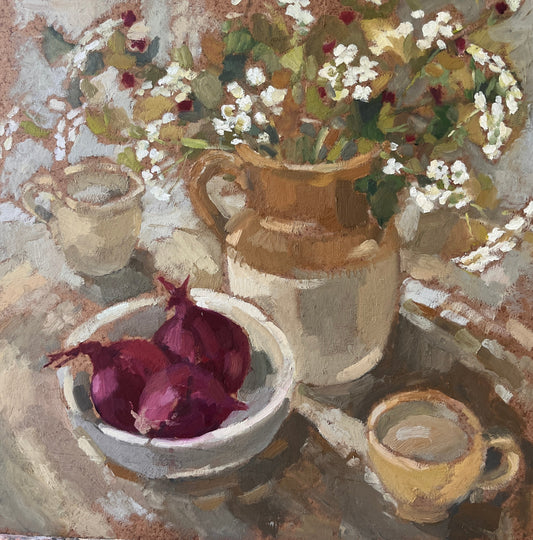 Kitchen Table, Spring by Catherine Binnie — oil on board (29 × 29 cm)
