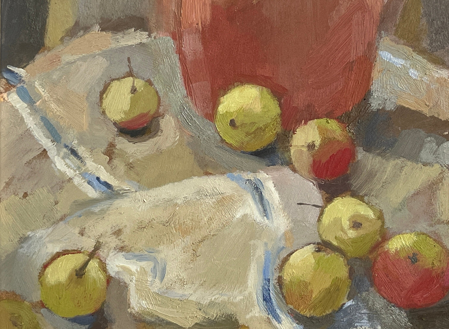 Rolling Apples by Catherine Binnie — oil on board (17 × 22 cm)