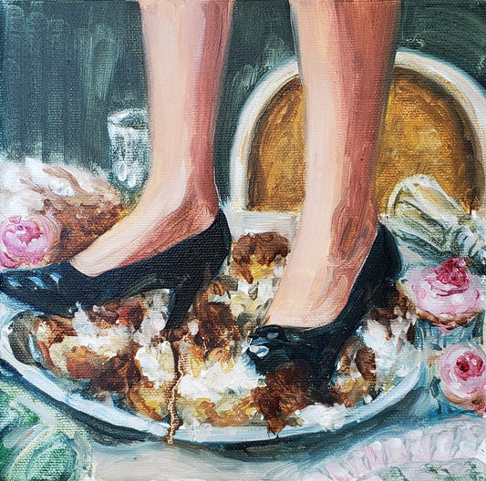 A Trifle Trampled On by Sal Jones — oil on canvas (20 × 20 cm)