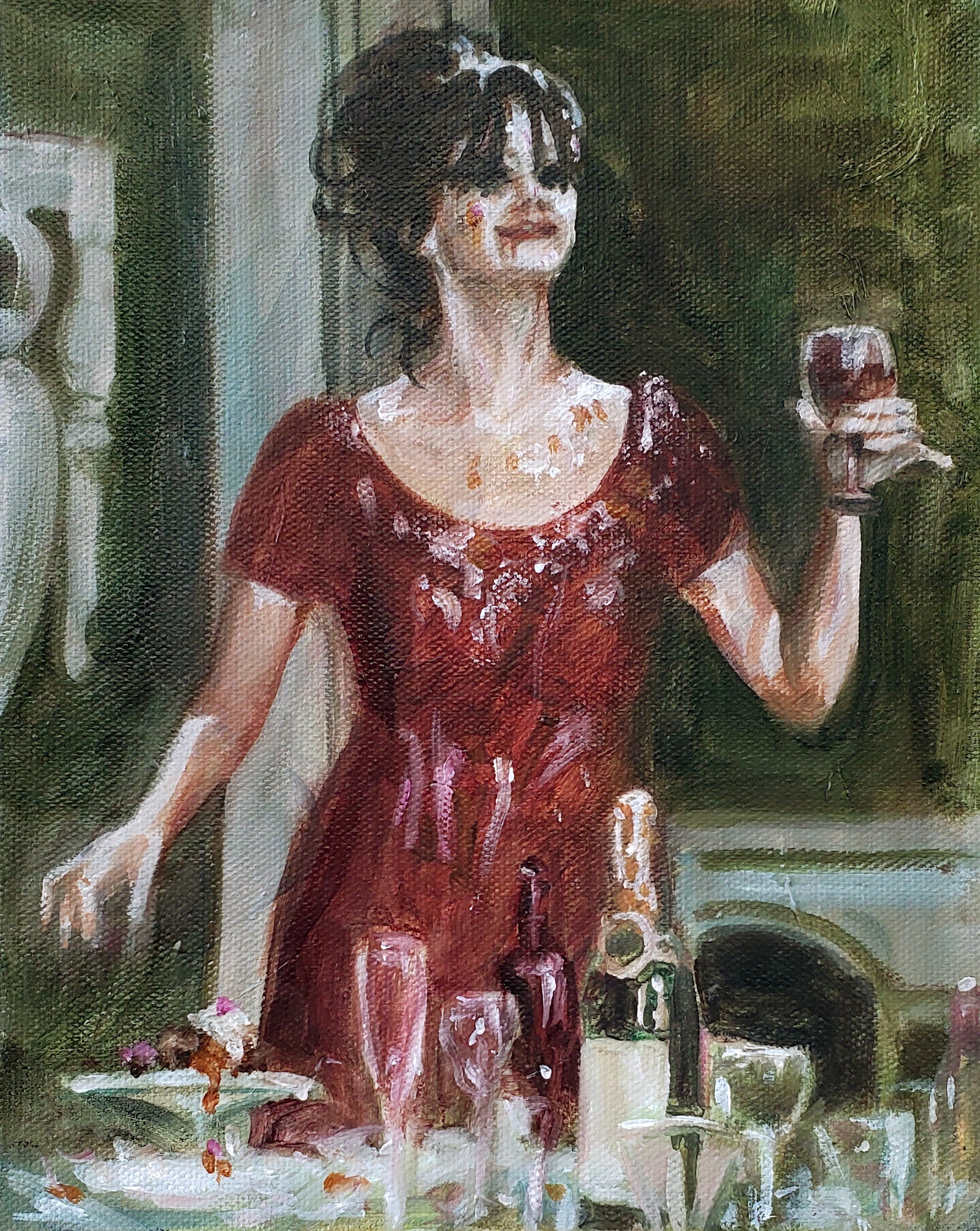 A Toast! by Sal Jones — oil on canvas (25.4 × 20.3 cm)