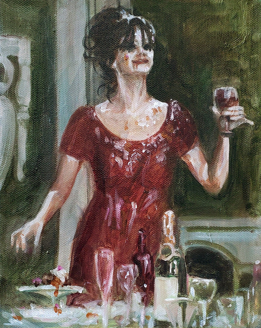 A Toast! by Sal Jones — oil on canvas (25.4 × 20.3 cm)