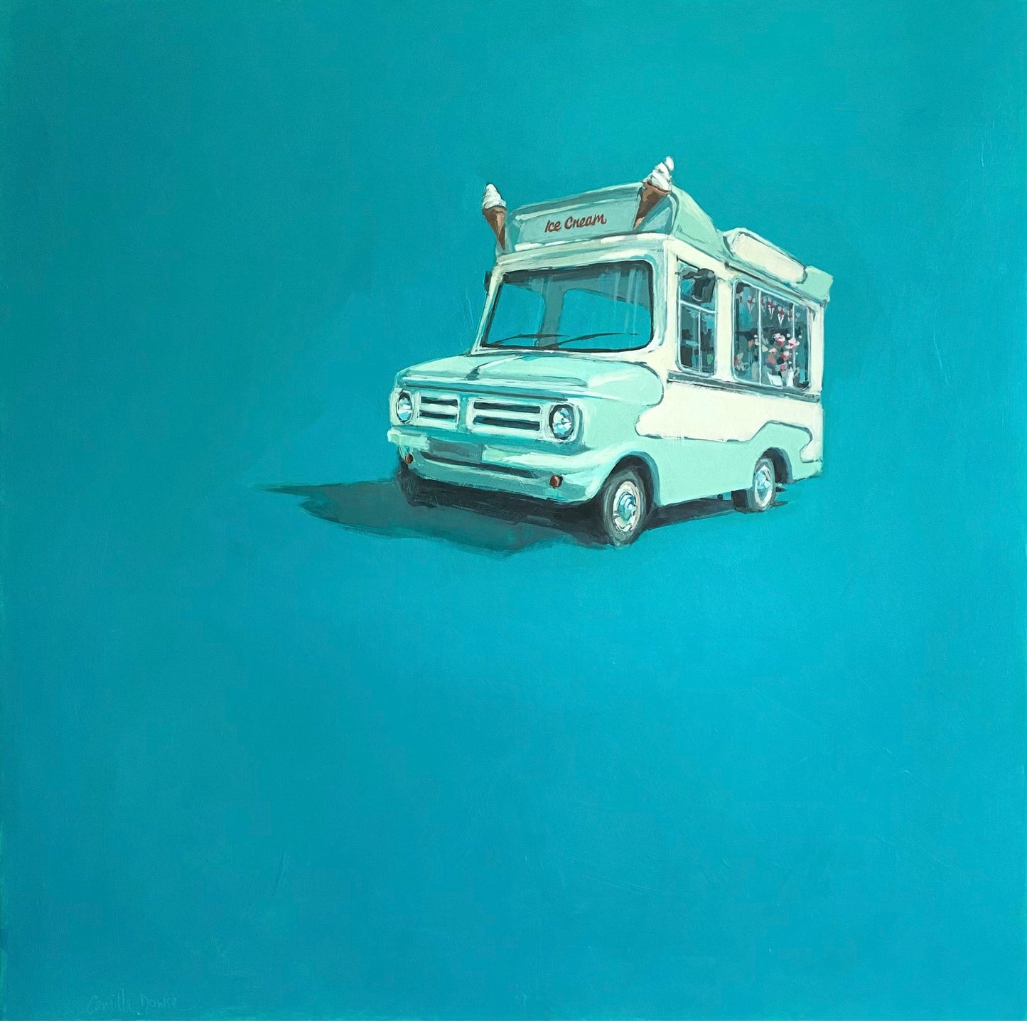 Turquoise ice cream van by Camilla Dowse — acrylic on gesso (on cradled wood art panel) (76 × 76 cm)