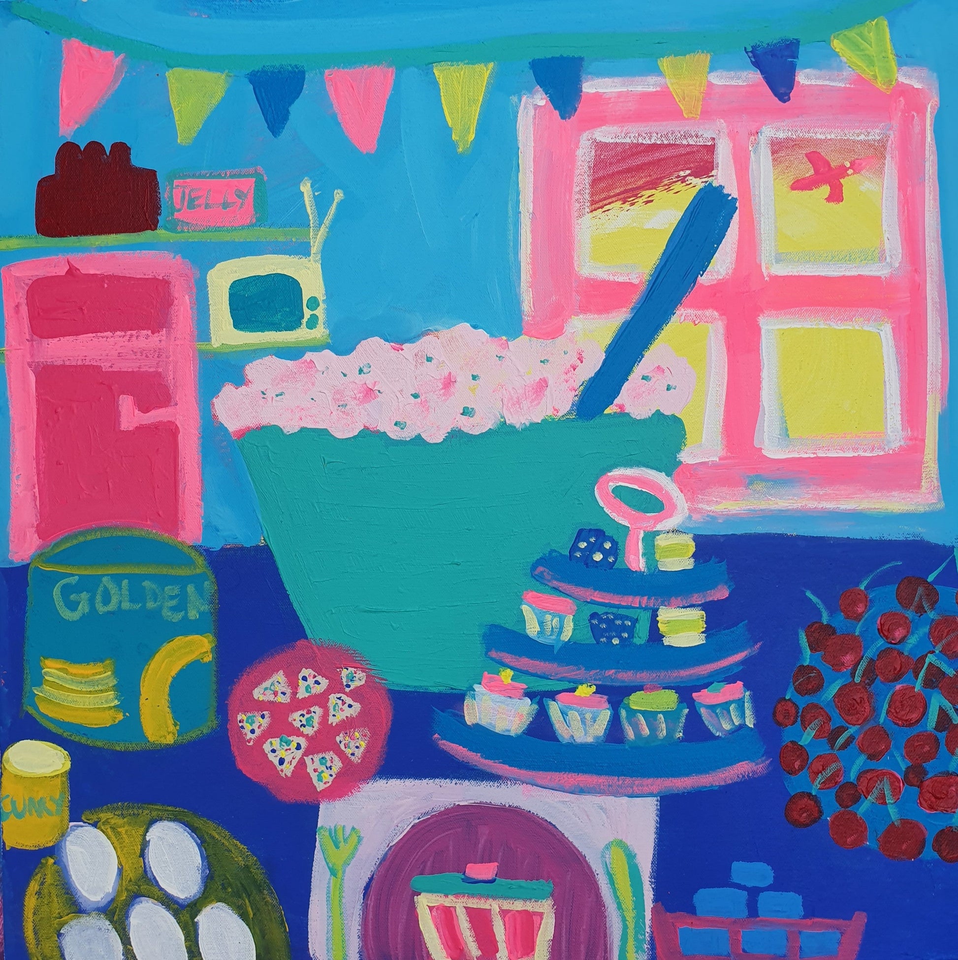 Too Hot To Cook by Tracey Paterson — acrylic and oil stick on canvas (60 × 60 cm)