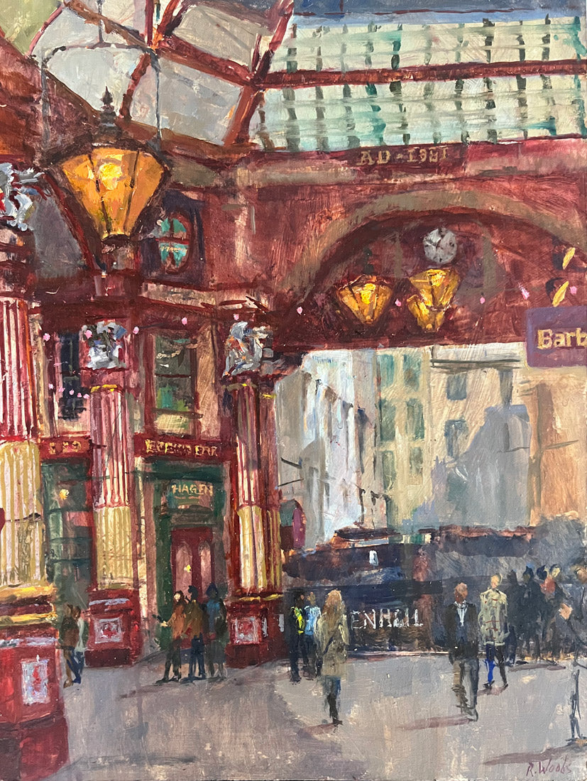 Leadenhall Market Interior by Rosie Woods — oil on board (40 × 30 cm)