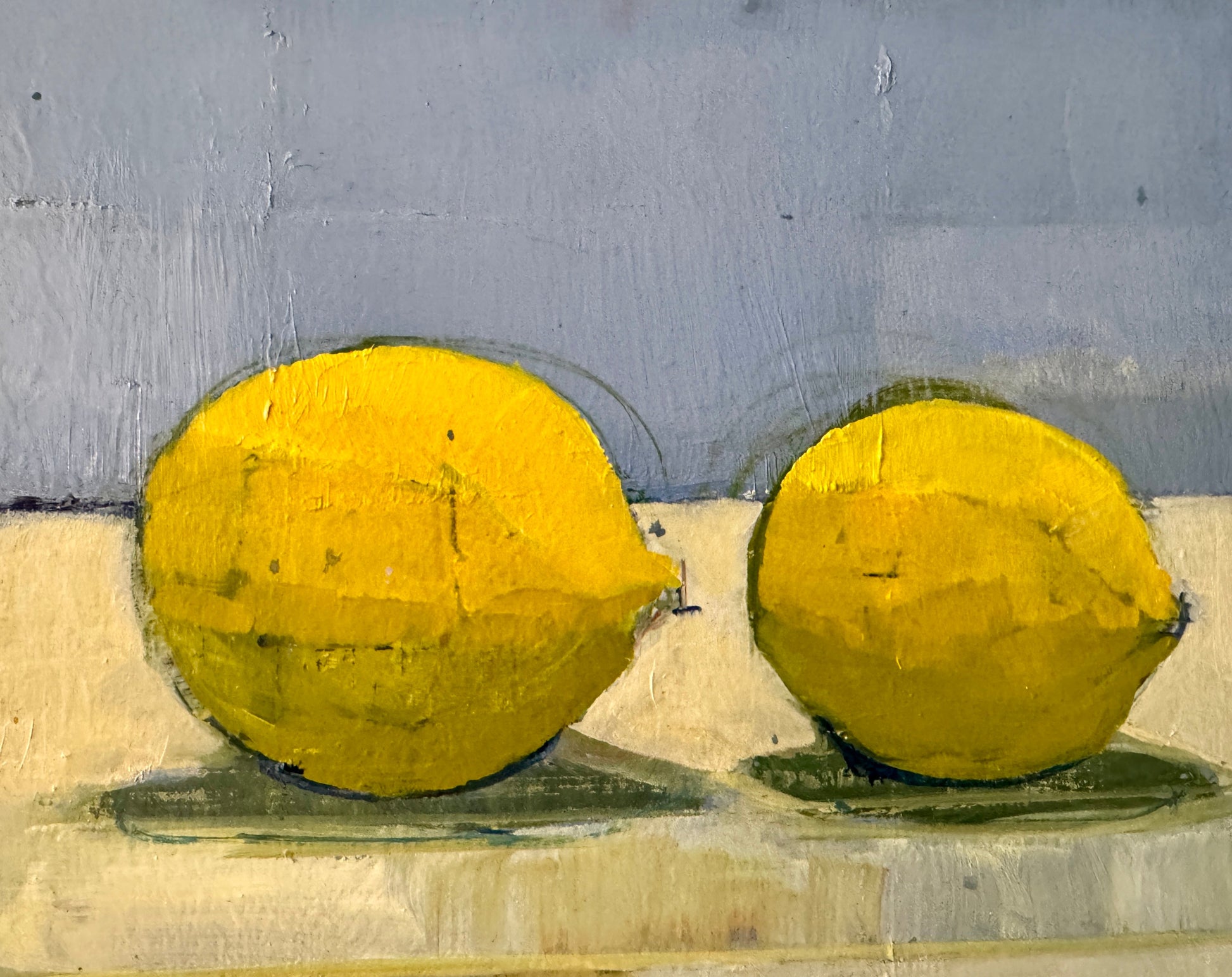 Two Lemons by Steven Heffer — oil on board (32 × 27.5 cm)