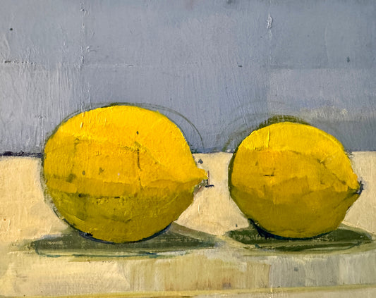 Two Lemons by Steven Heffer — oil on board (32 × 27.5 cm)