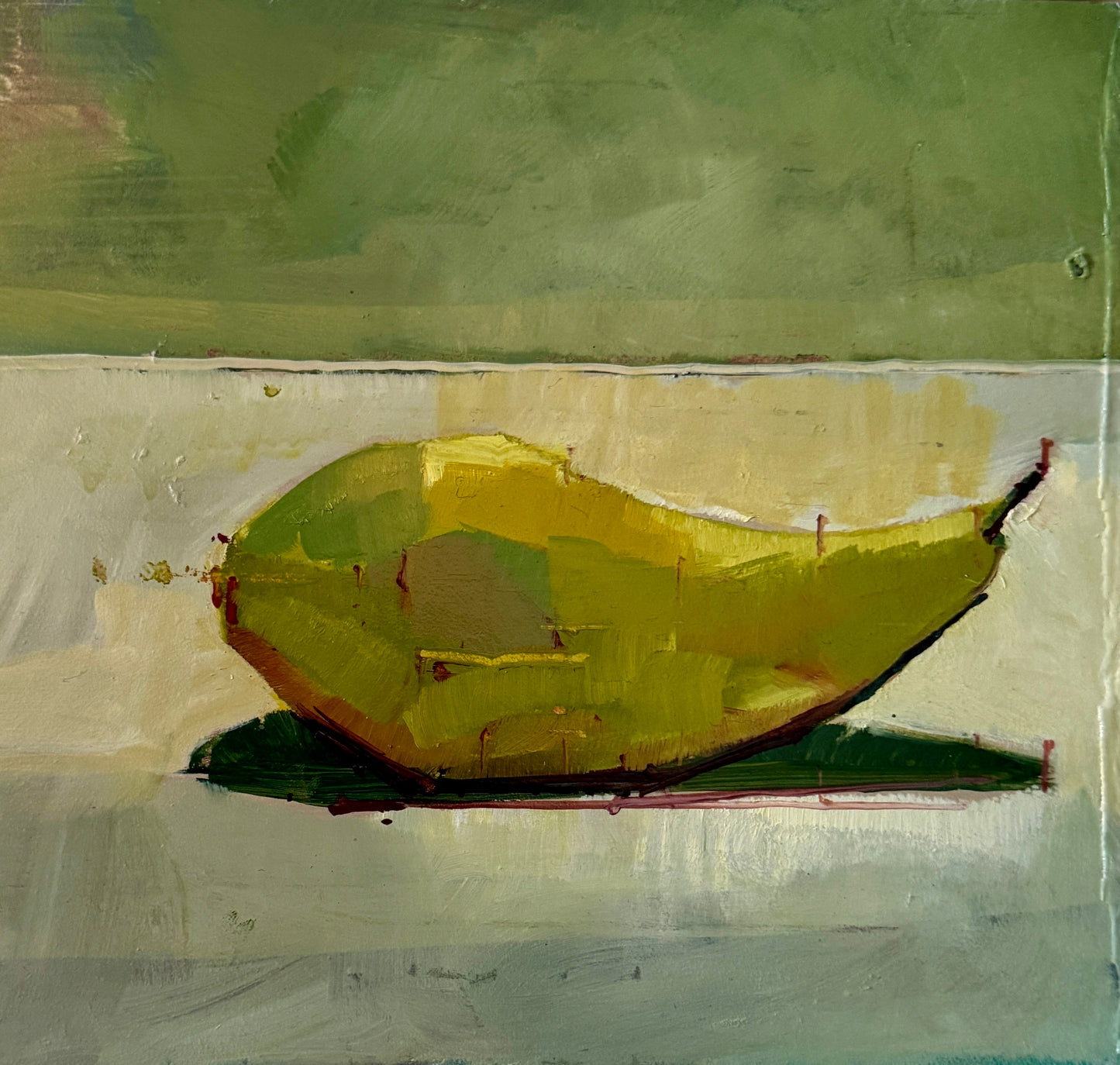 Single Pear on Table by Steven Heffer — oil on board (32 × 27.5 cm)