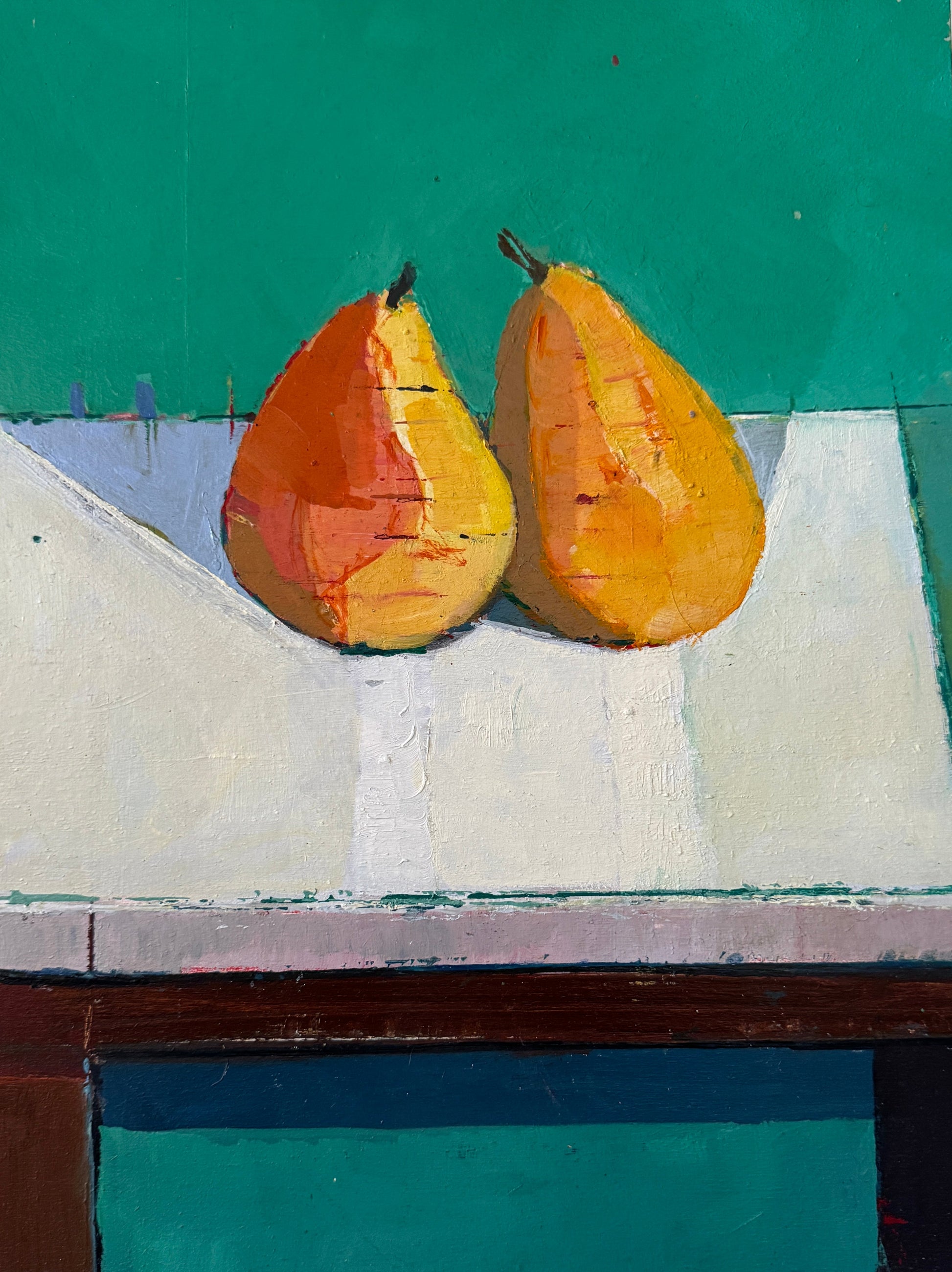Pears on Small Table by Steven Heffer — oil on board (31 × 40.5 cm)