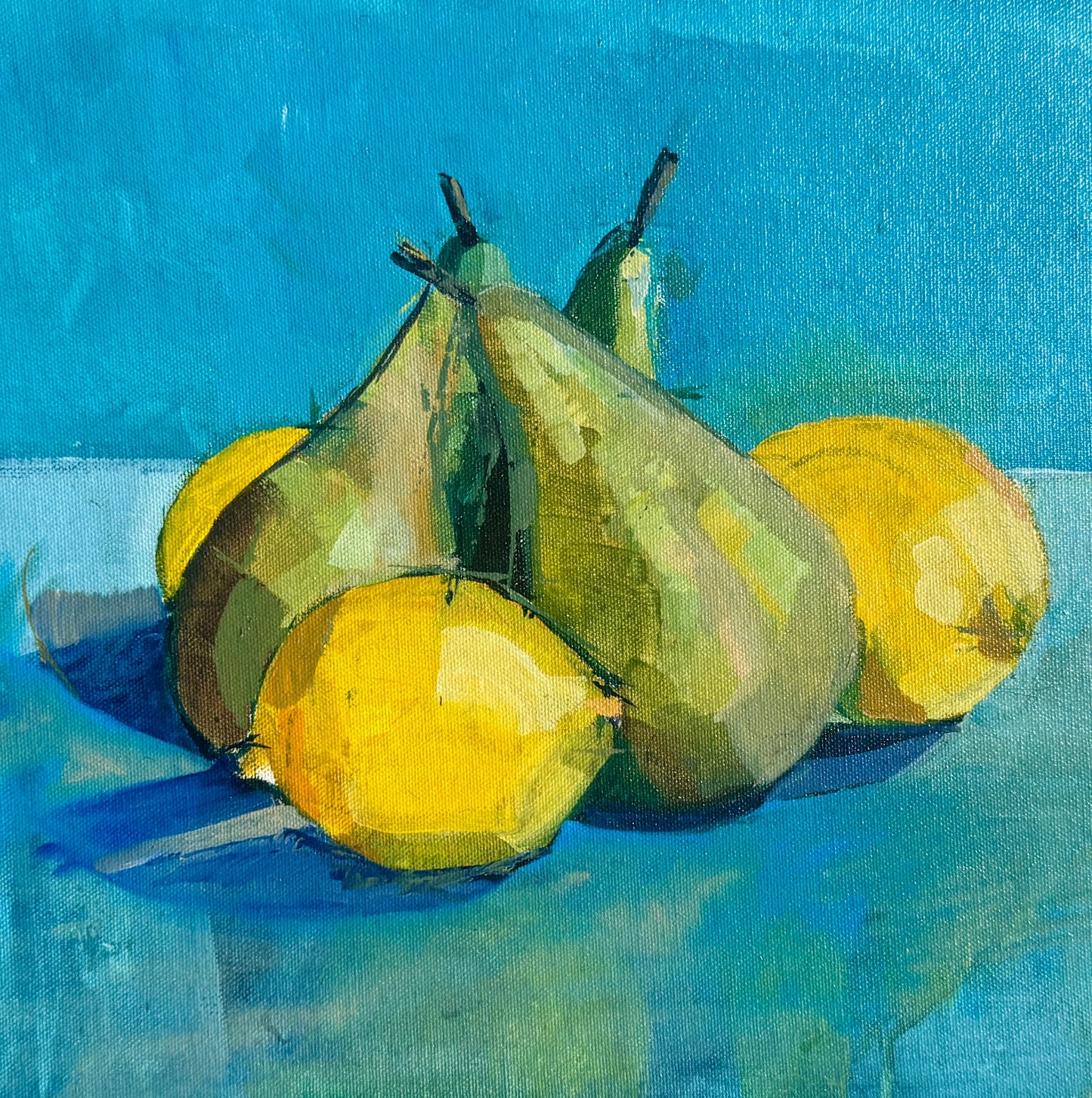 Still Life Pears and Lemon by Steven Heffer — acrylic on board (41 × 31 cm)