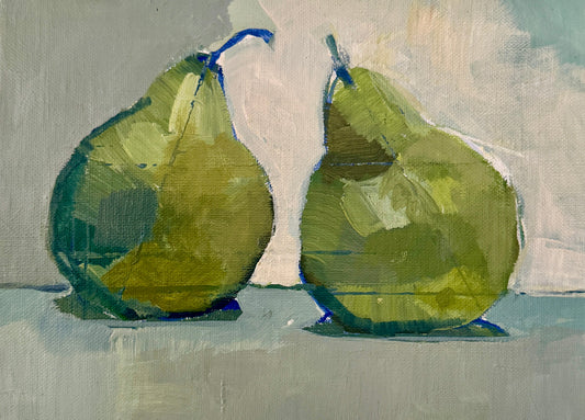 Two Green Pears by Steven Heffer — oil on canvas (18 × 24 cm)
