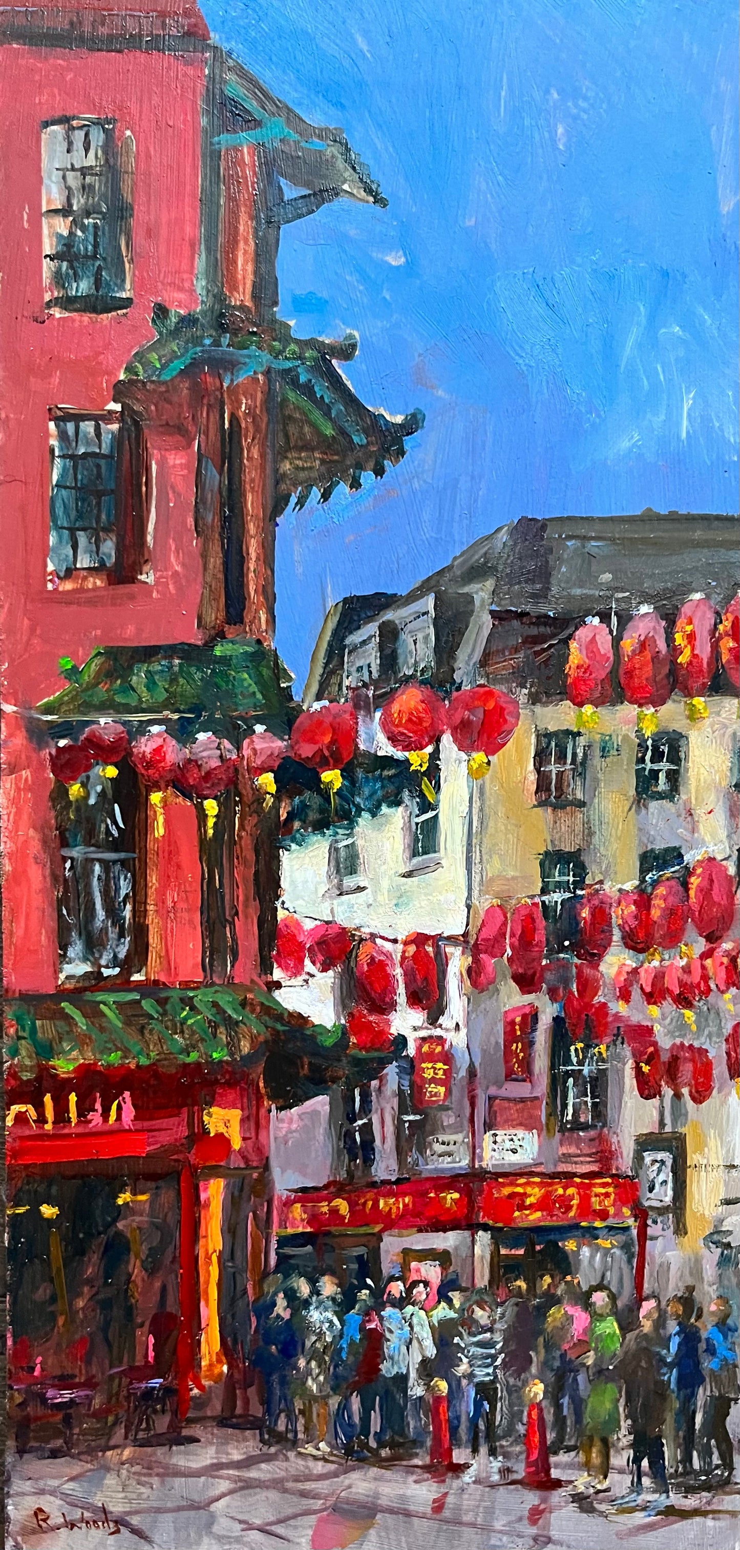 Gerrard St, Chinatown London by Rosie Woods — oil on board (40 × 20 cm)
