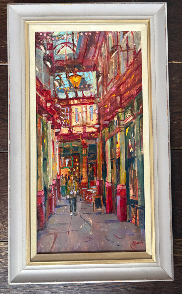 The Golden Goose Leadenhall Market London by Rosie Woods — oil on board (47 × 23 cm)