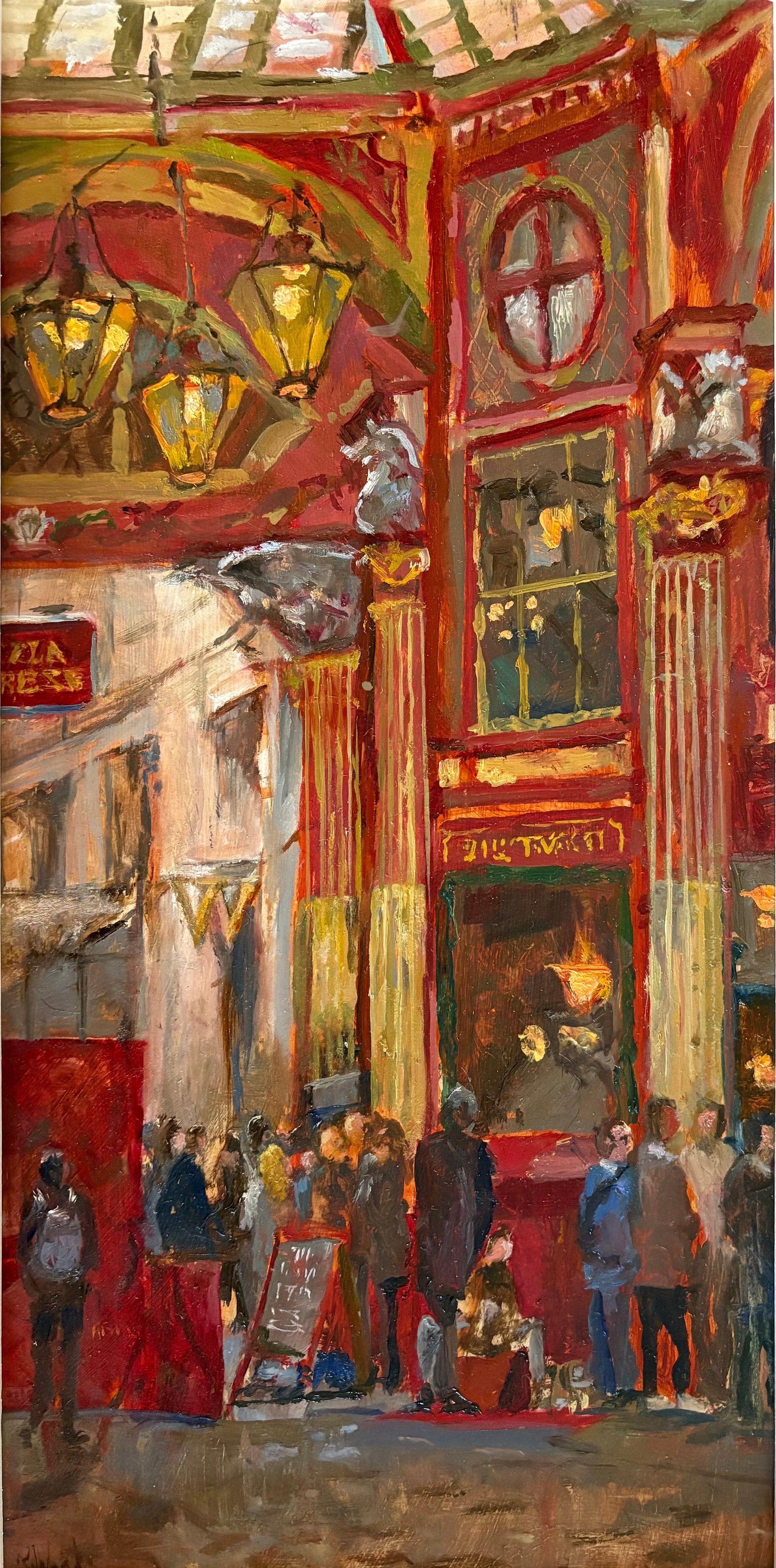 Lamb Tavern Leadenhall by Rosie Woods — oil on board (40 × 20 cm)
