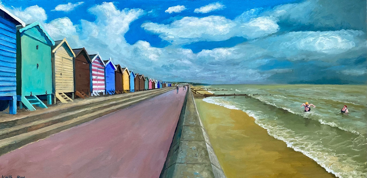 Beach Huts and Bathers (Walton / Frinton on Sea) by Keith Bird — Oil on canvas