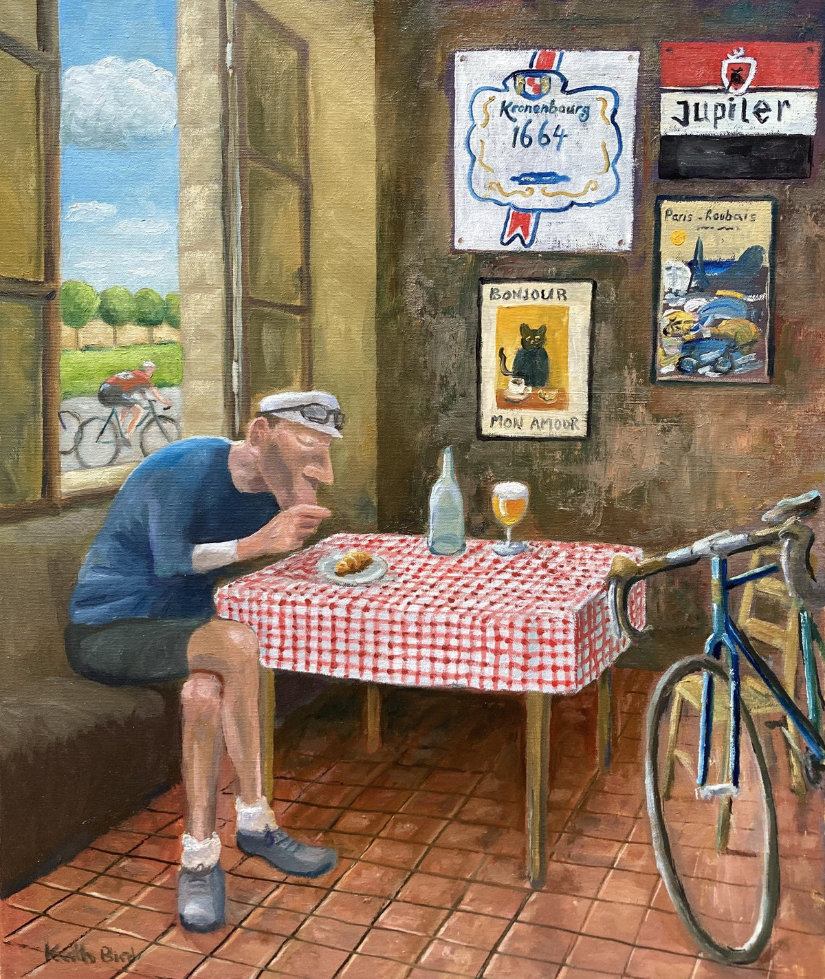 Time Out by Keith Bird — a cyclist resting in a French roadside bar, oil on canvas
