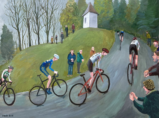 A Steep Climb by Keith Bird — road cyclists racing up a hill past spectators, acrylic on canvas
