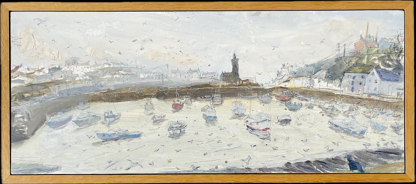 Porthleven Harbour Boats by Sophie Levi — original oil on wood, currently hanging at Regent's Park Gallery. Eye Feast 2026.
