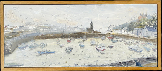 Porthleven Harbour Boats by Sophie Levi — original oil on wood, currently hanging at Regent's Park Gallery. Eye Feast 2026.